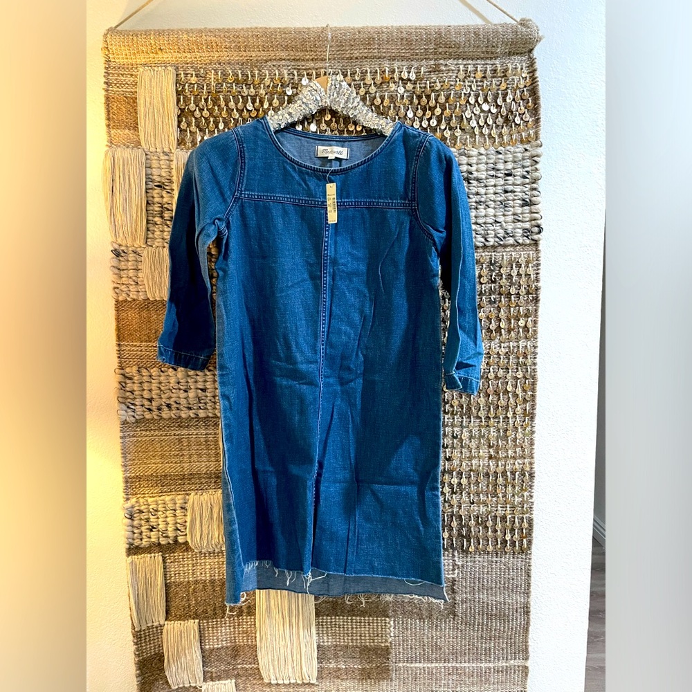 💙 NWT Madewell raw-edge denim mini shift dress sz XXS